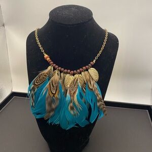 Boho Turquoise Feather Statement Necklace with Gold Leaves